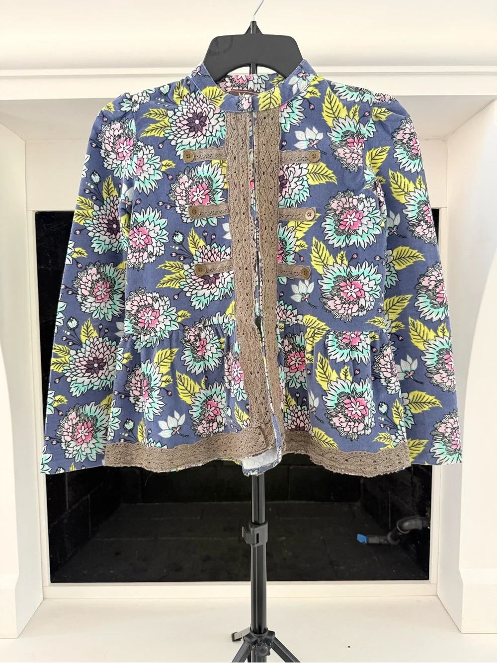Mustard Pie Navy Floral Crochet-Trim Jacket- Girls 12